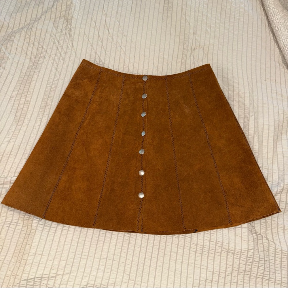Vintage Leathercraft Cognac Pieced Suede Mini Skirt Snap Front 2